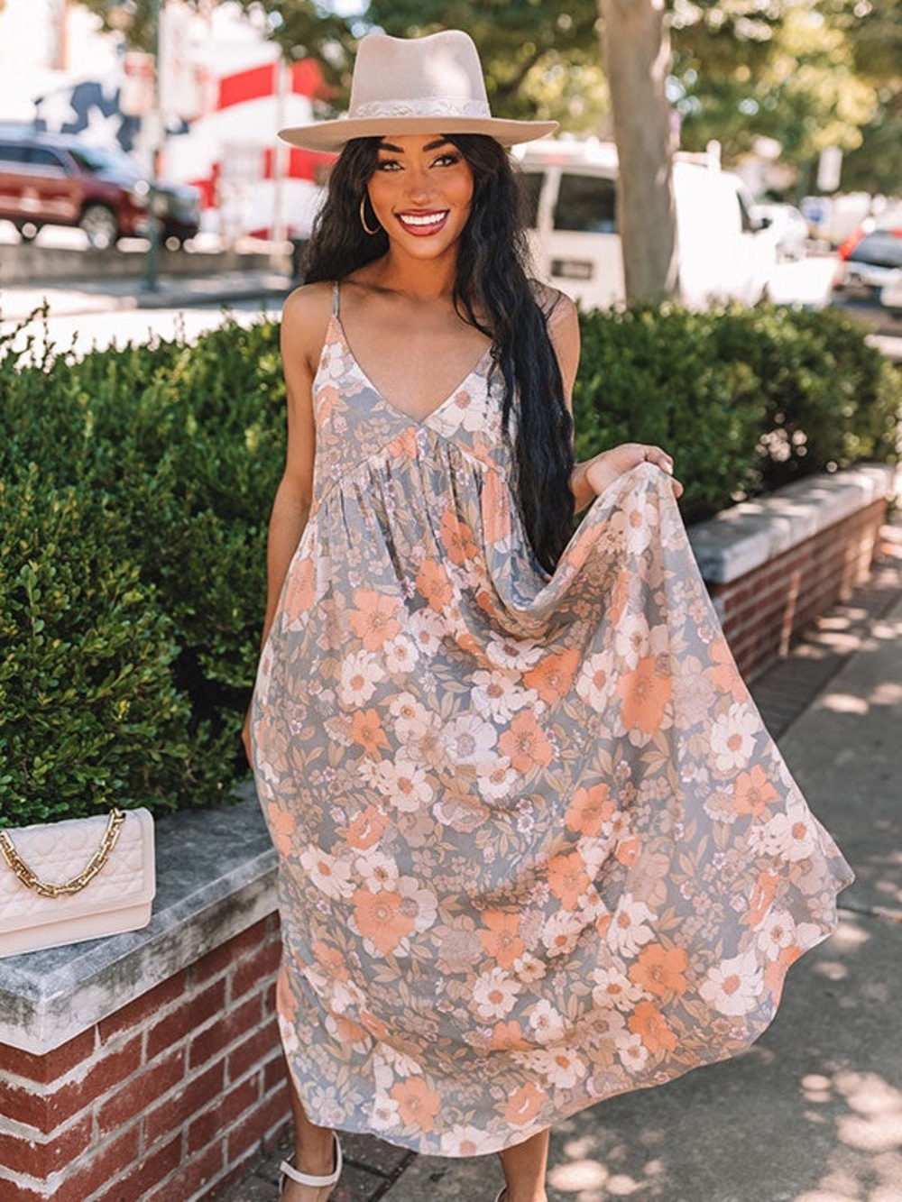 Millibon Peach & Gray Floral Spaghetti-Strap Maxi Dress